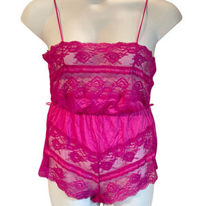 3/$20 Vtg 80s Tessie Sz M Lingerie Romper Magenta Pink Lace Bodice High Cut